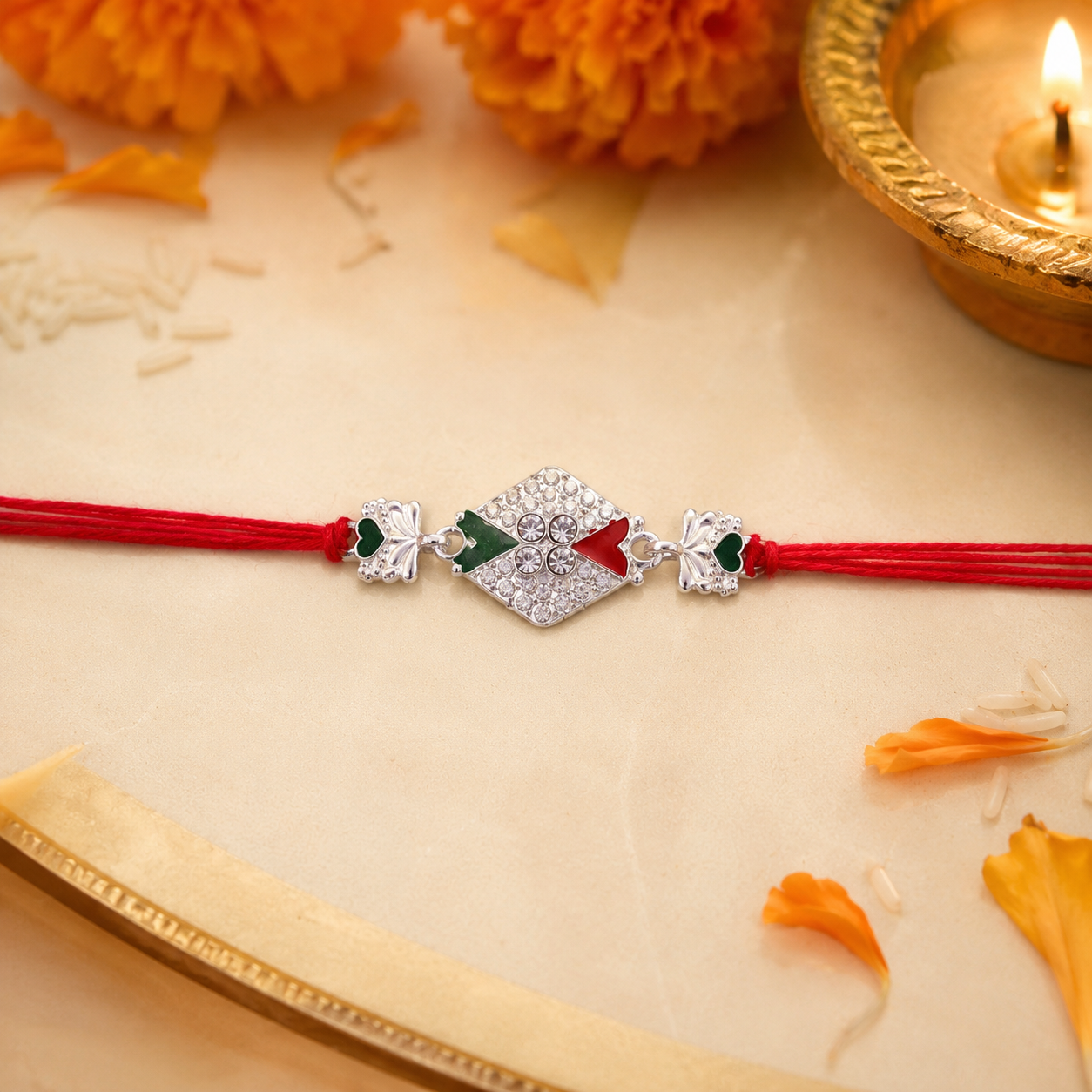 Silver Diamond Rakhi with Red Green Stones and Elephant Charms