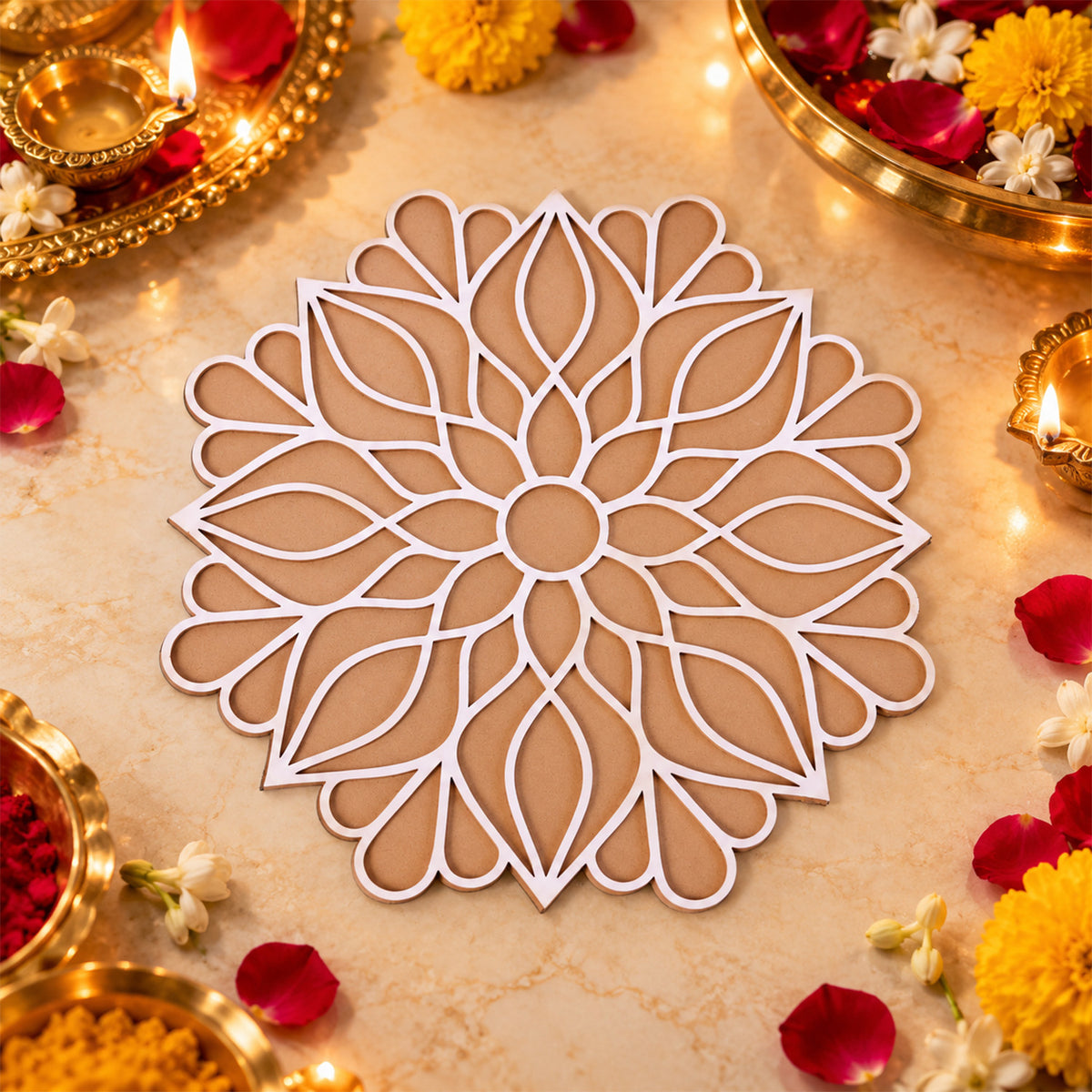 Floral Mandala Rangoli Stencil for Festive Home Entrance and Puja Decoration