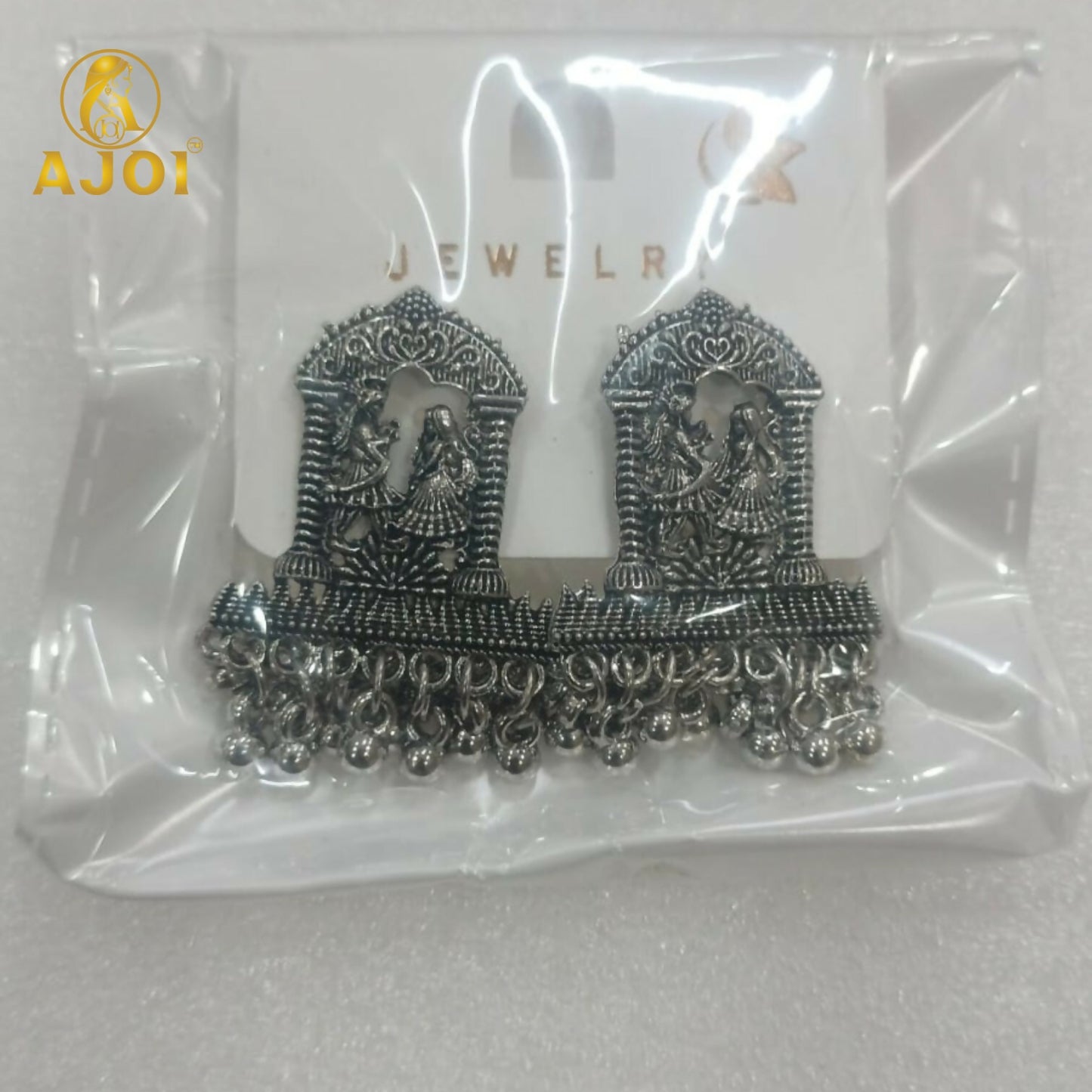 Oxidized Silver Temple Earrings – Handcrafted Radha Krishna Design with Ghungroo Drops