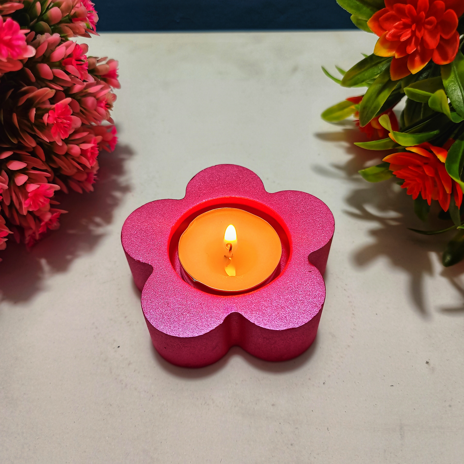 Handmade Flower Diya – Metallic Pink| Layered Tealight Holder for Diwali, Pooja & Home Décor | Unique Festival Gift Item
