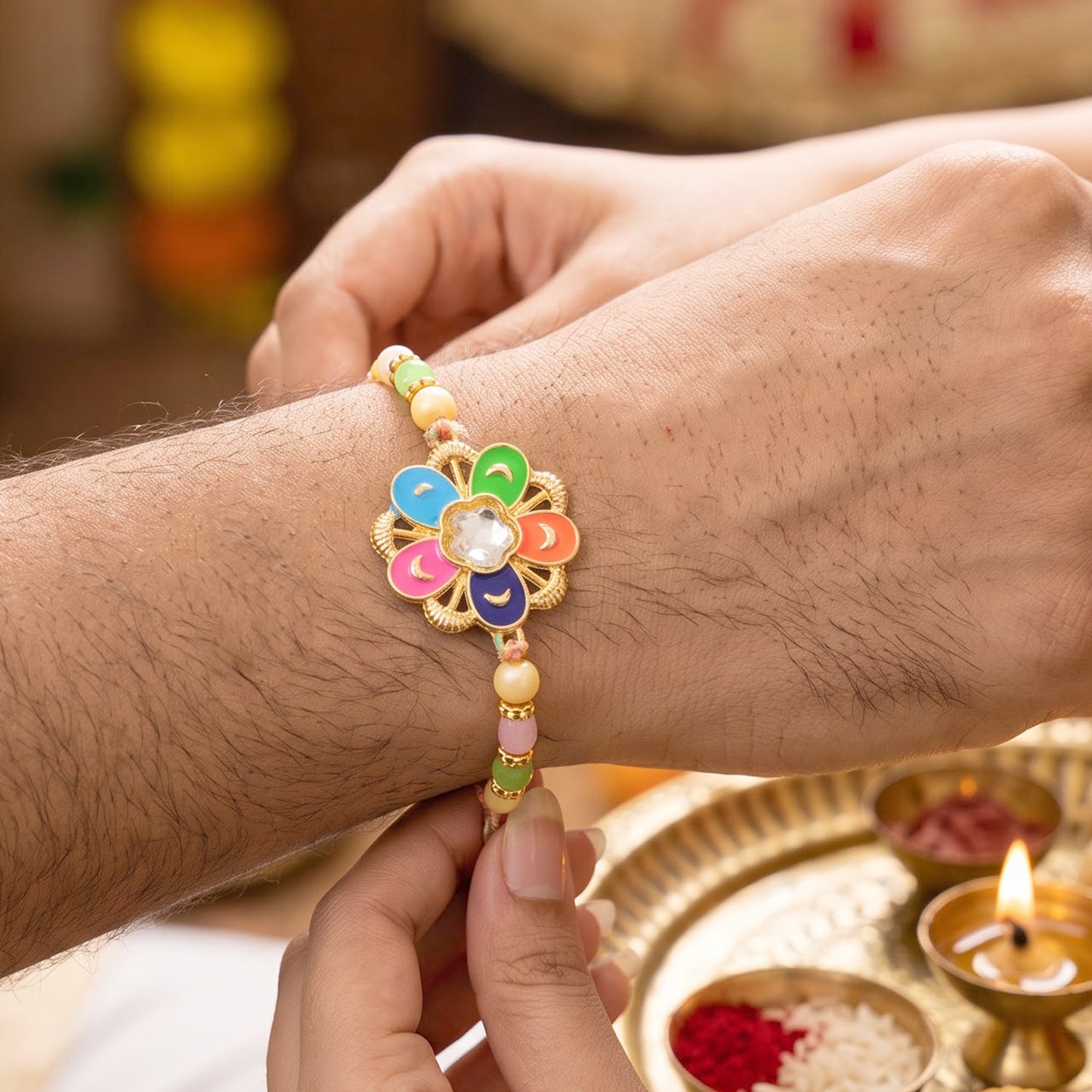 Multicolor Floral Kundan Pendant Rakhi with Pastel Beads