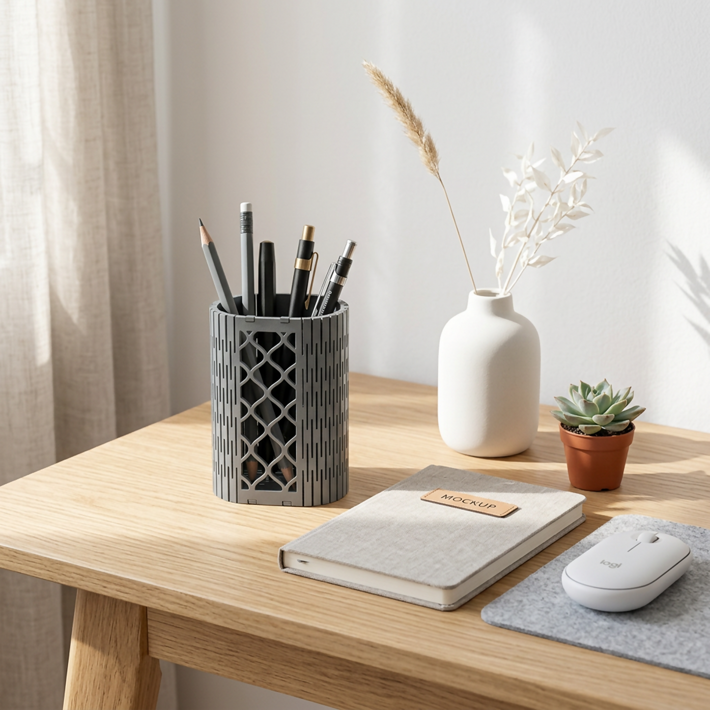 Top view of the spacious geometric mesh pen holder showing its storage capacity.