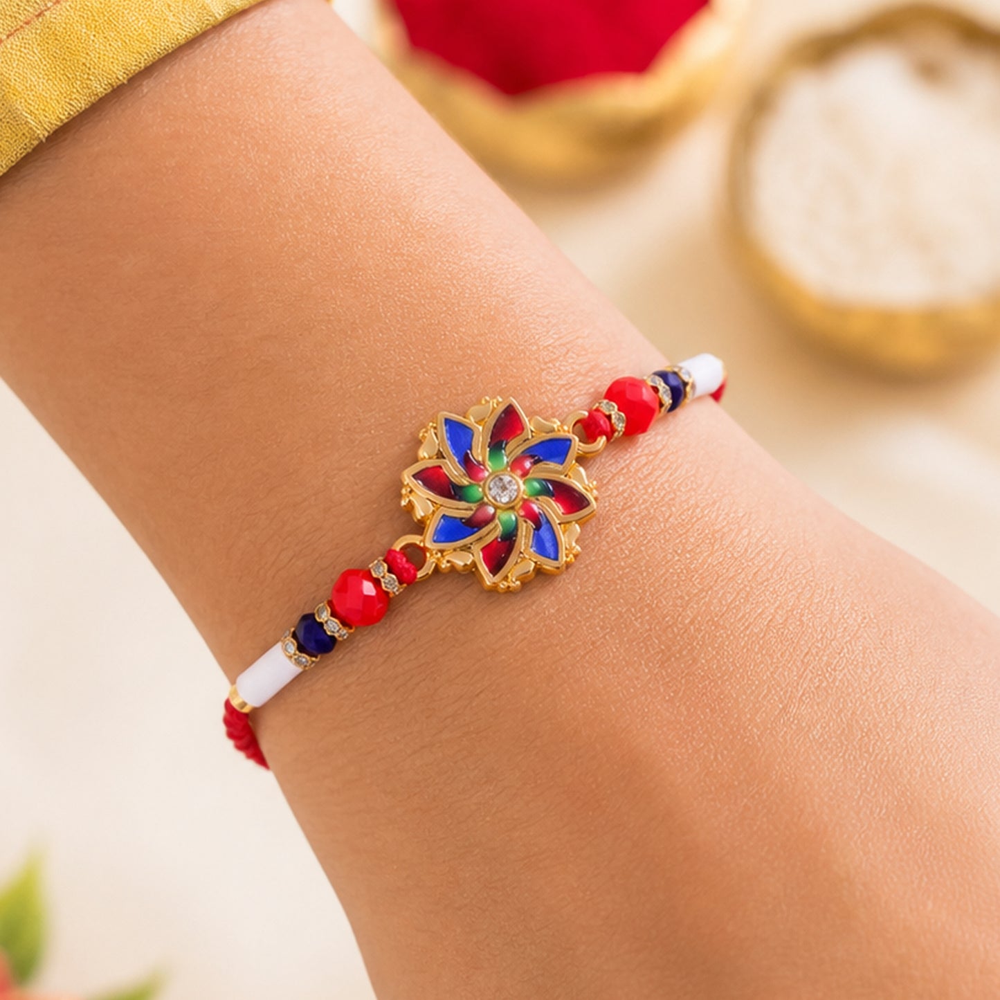 Pinwheel Floral Charm Bhai Bhabhi Lumba Rakhi with Pearl Drops