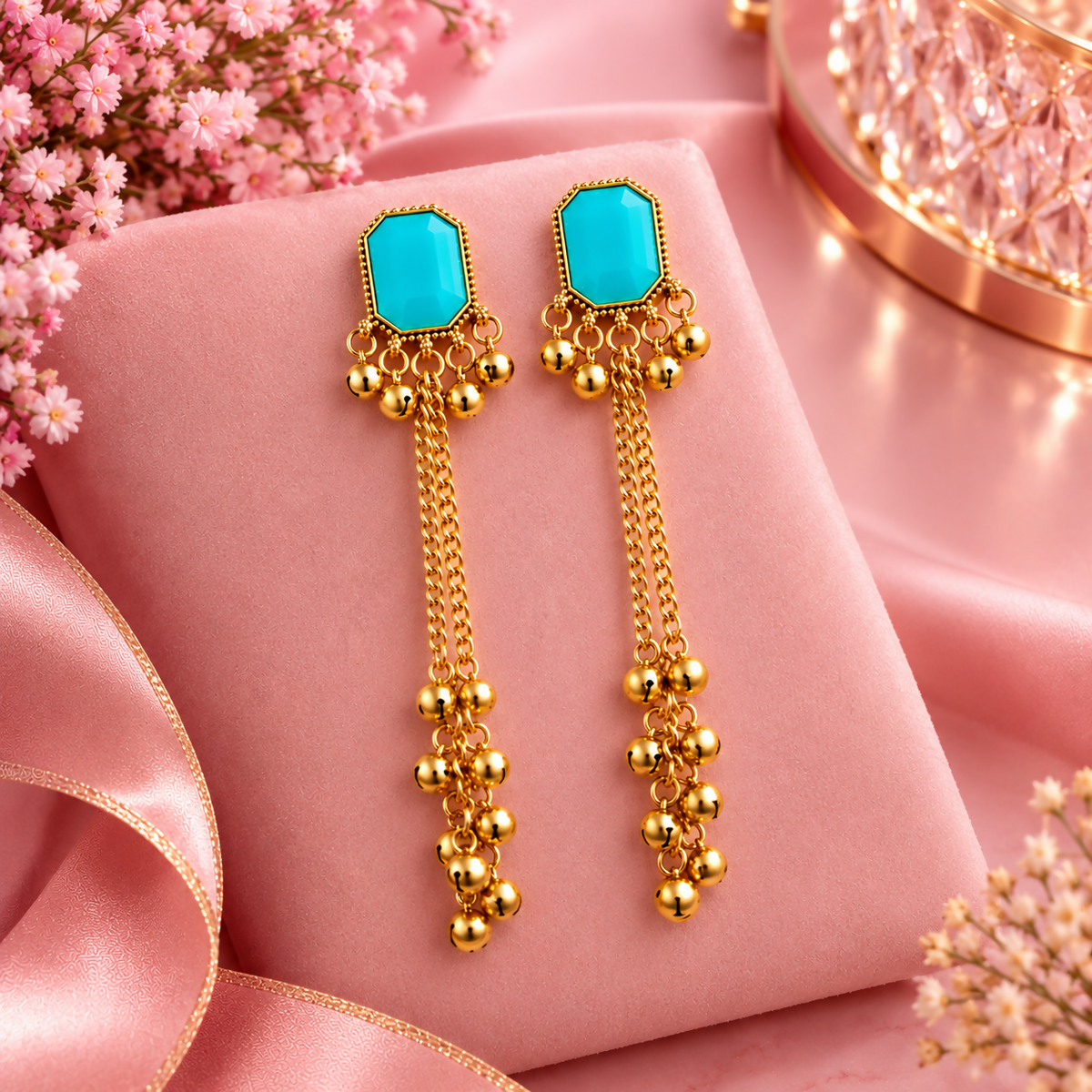 Turquoise Gold Tassel Earrings on Pink Velvet