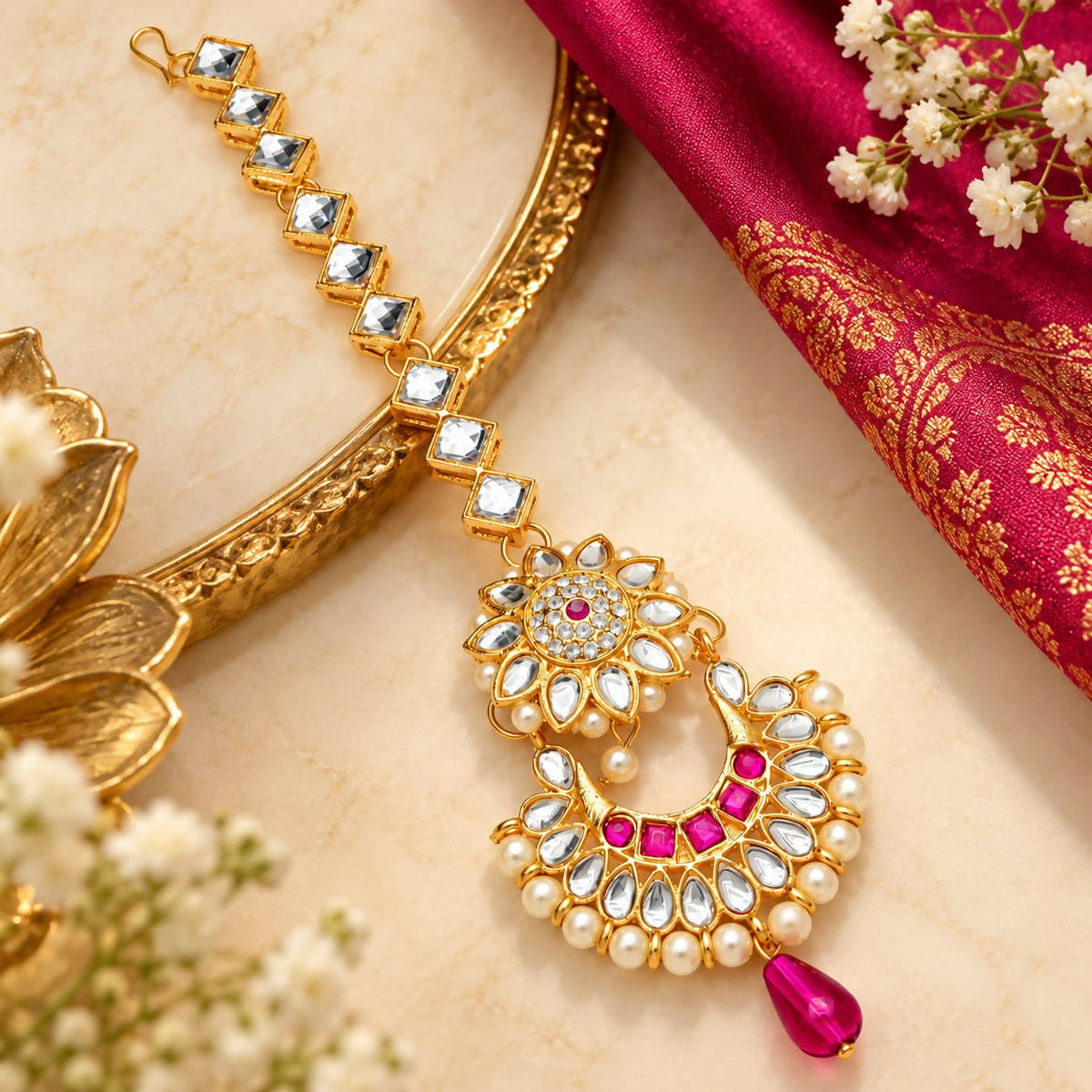 A gold-toned maang tikka with clear and pink stones, pearls, and a fuchsia drop, resting on a marble surface beside a red