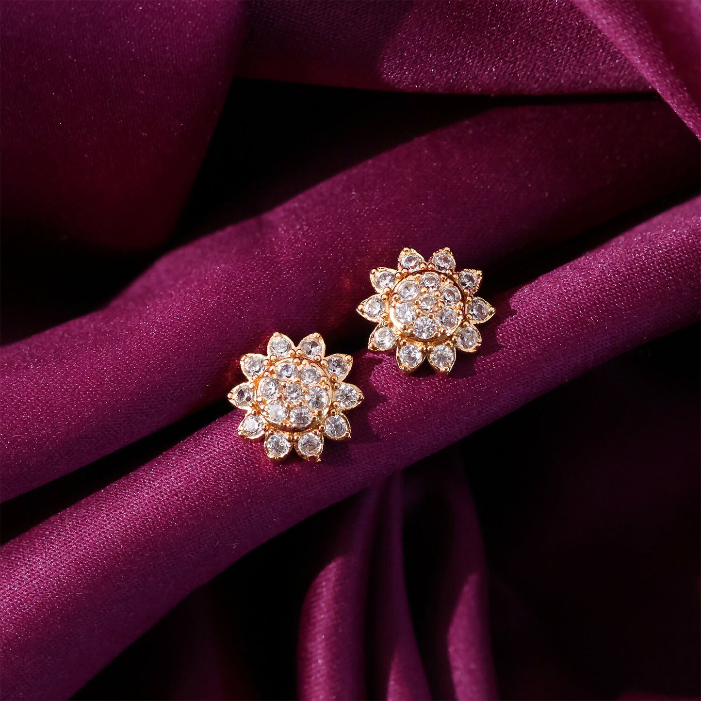Elegant Floral CZ Stud Earrings with Gold Tone Finish for Daily & Party Wear Women