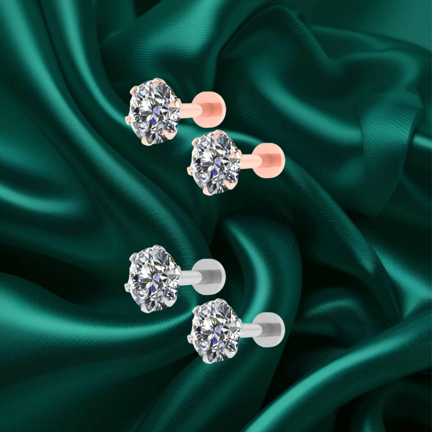 Close-up of silver plated flat back stud earrings showcasing smooth labret design