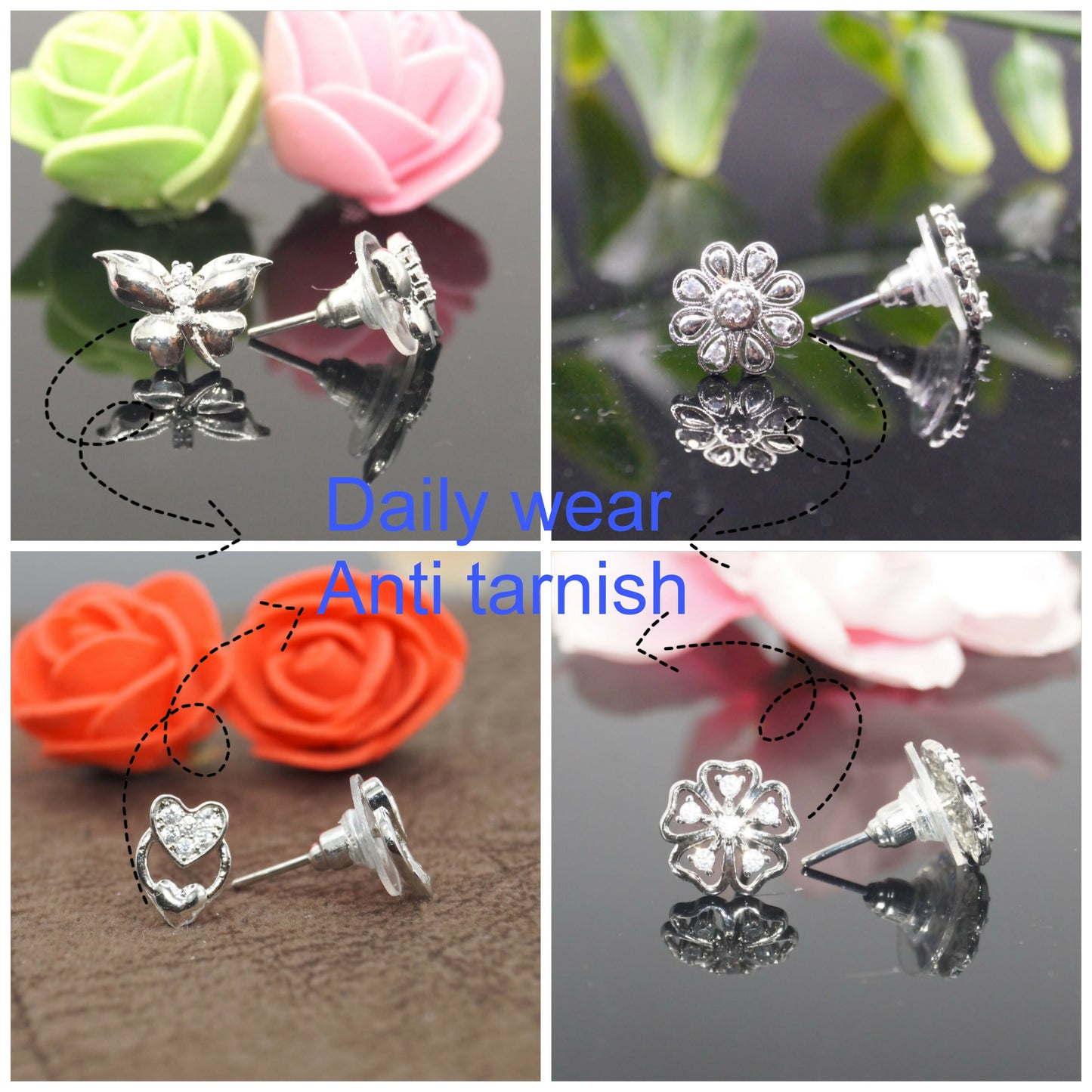 Close-up view of silver plated butterfly stud earrings with crystal accents