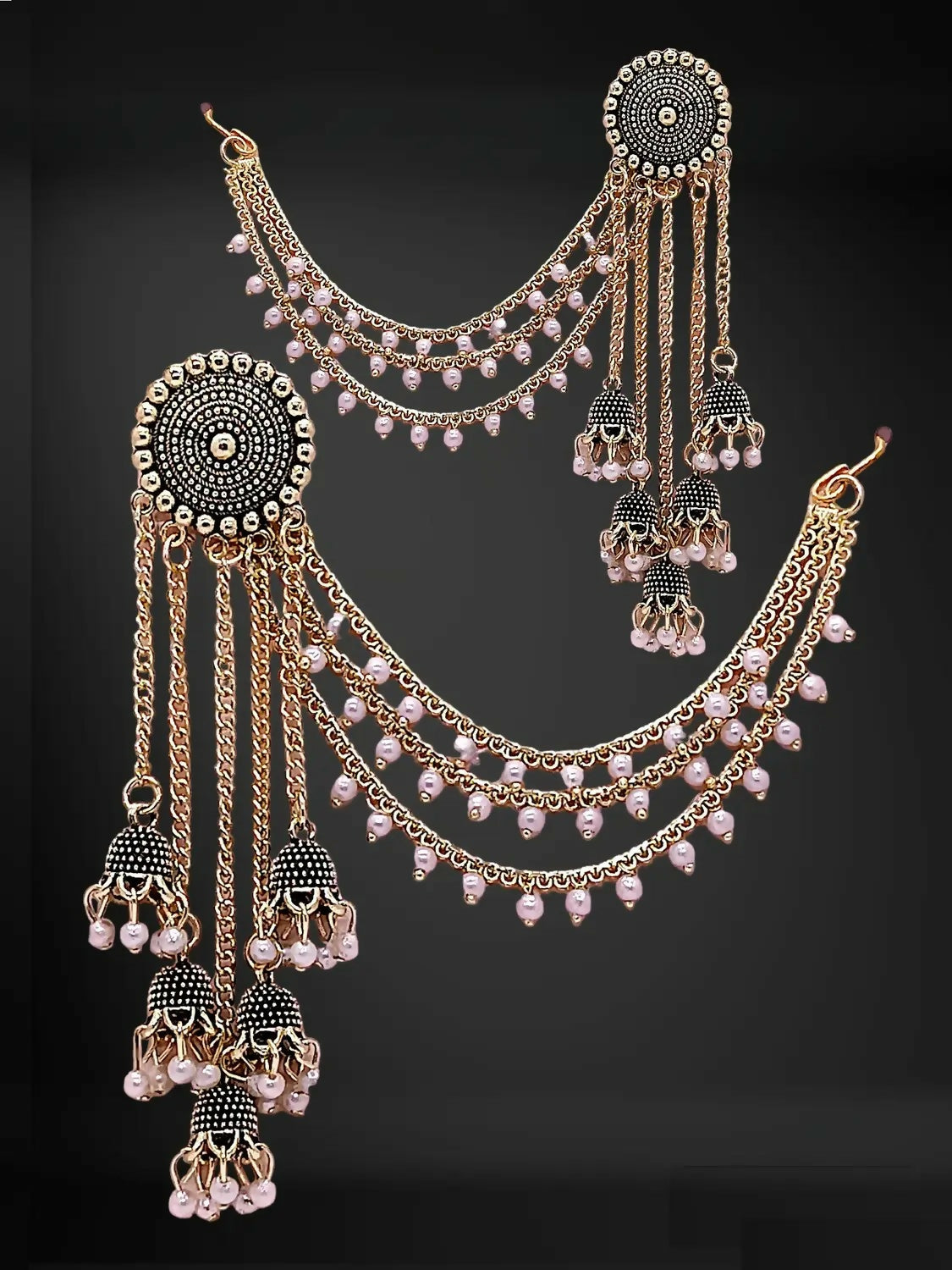 Traditional Gold Tone Jhumka Earrings with Pearl Drops and Elegant Layered Chain Design for Women