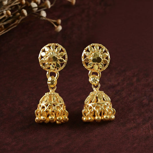 Gold plated floral jhumka earrings with dome drop on white background