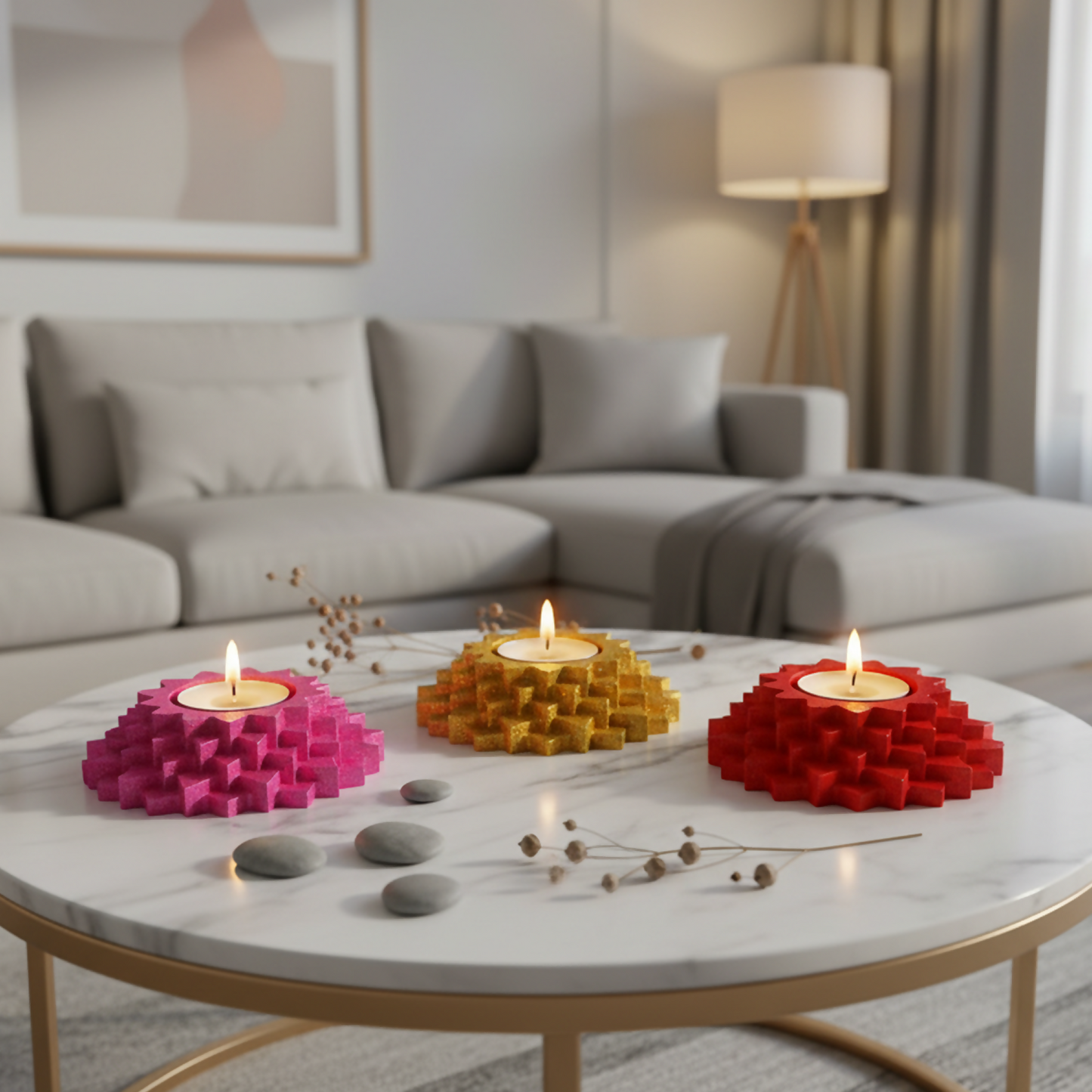 Flower 5-Step Decorative Diya Multi-Purpose Tealight Candle Holder, Dhoop Cone Stand, Pooja Diya & Mini Planter (Red, Rose Gold, Metallic Pink)