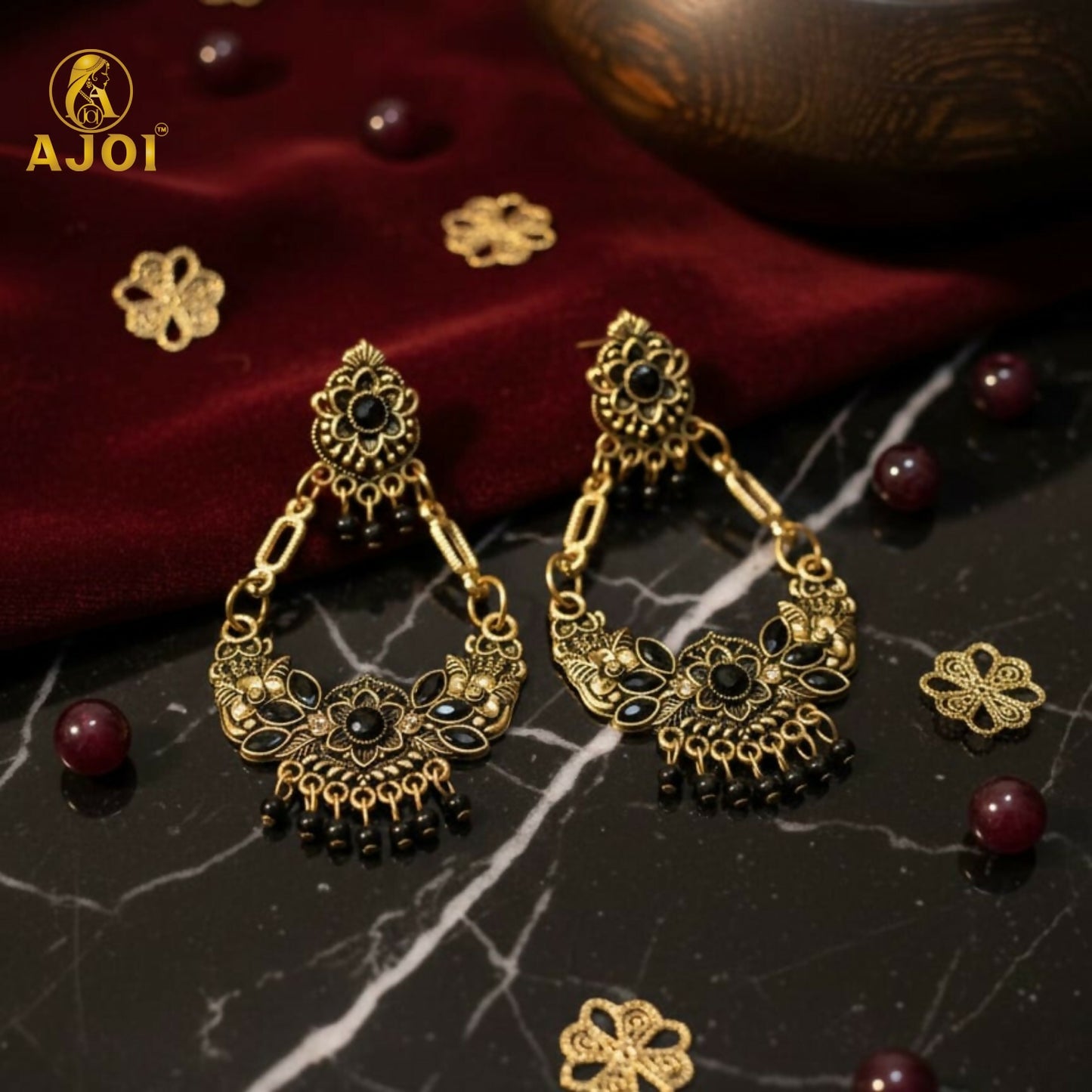 Antique Gold-Plated Black Stone Floral Chandbali Earrings for Women