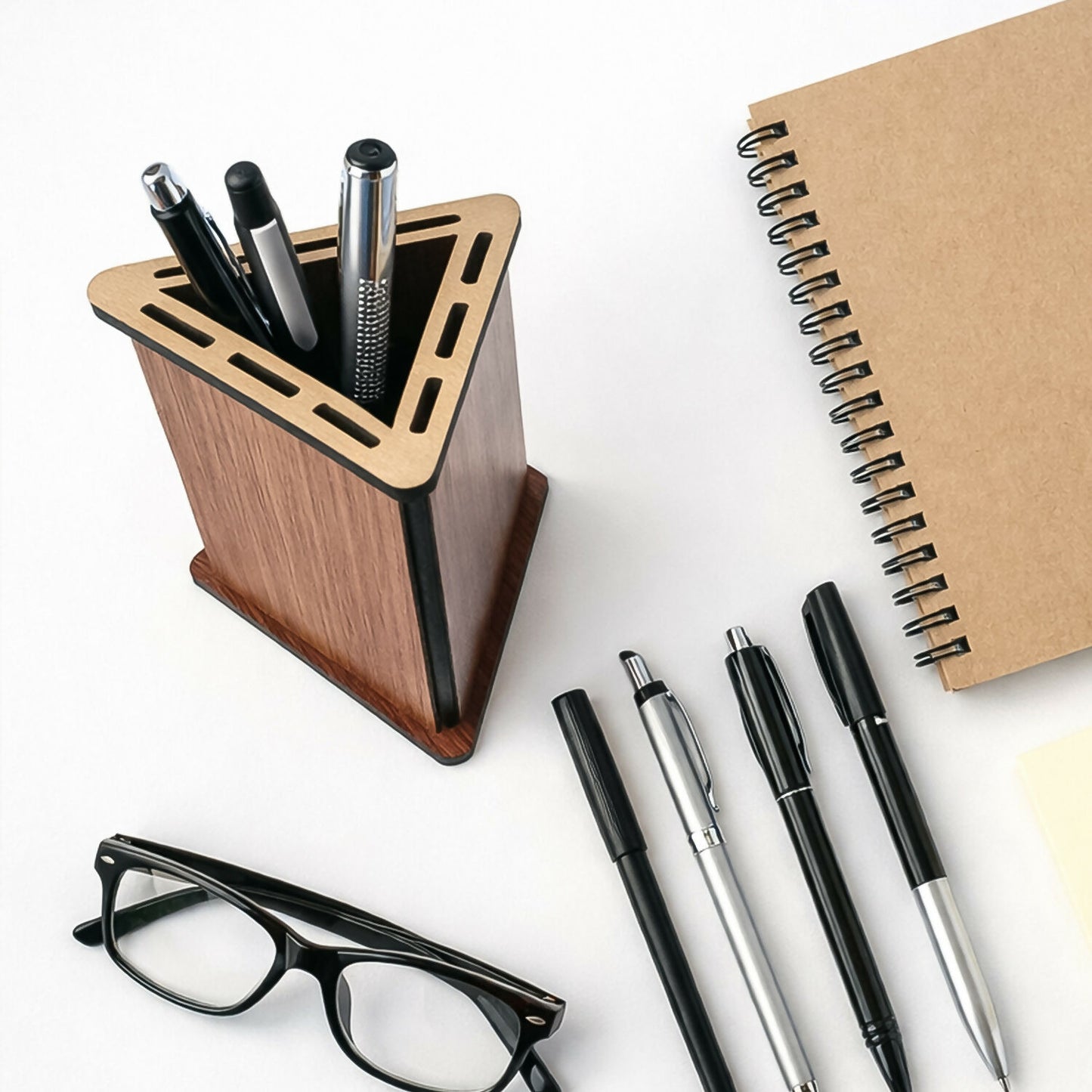 Triangular Wooden Pen Stand for Office Desk & Study Table – Compact Desktop Size