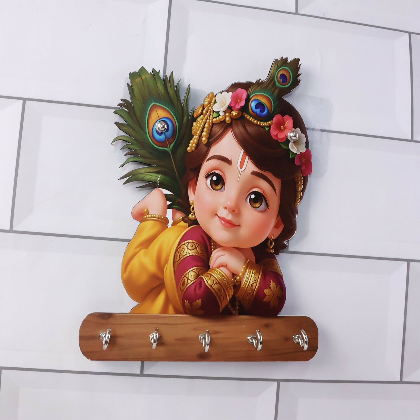 Baby Krishna Wall Key Holder with 5 Hooks – Self Adhesive