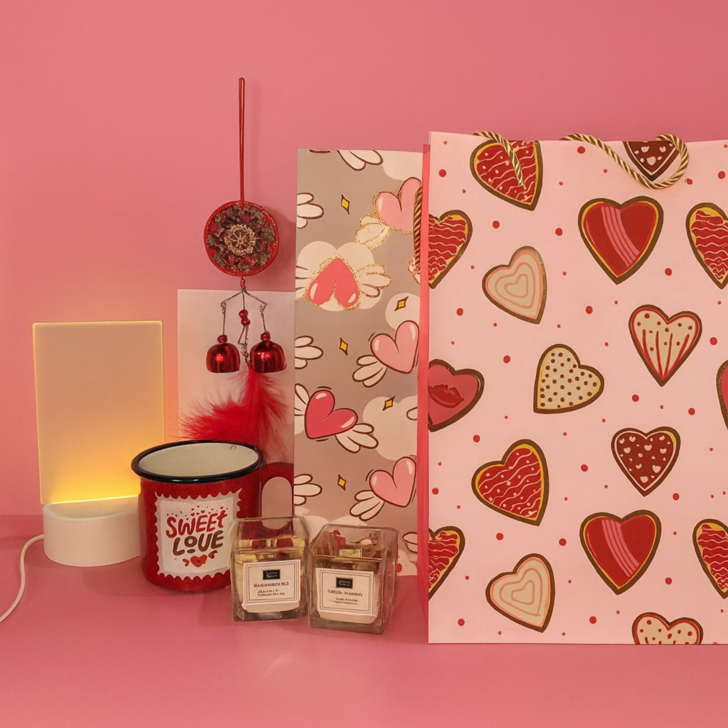Romantic Valentine Gift Combo Set – 2 Scented Candles, 2 Designer Gift Bags, 1 “Sweet Love” Mug, 1 Heart Windchime & 1 LED Night Lamp | Perfect Gift for Girlfriend, Boyfriend, Anniversary & Home Decor