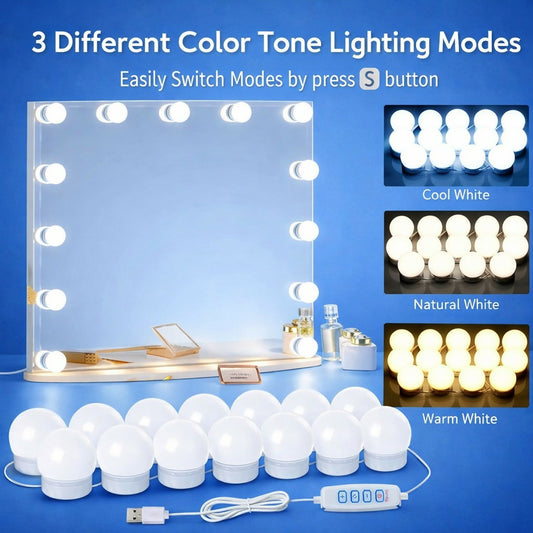 LED Vanity Mirror Lights with 3 Color Modes, Adjustable Bulbs, USB Powered