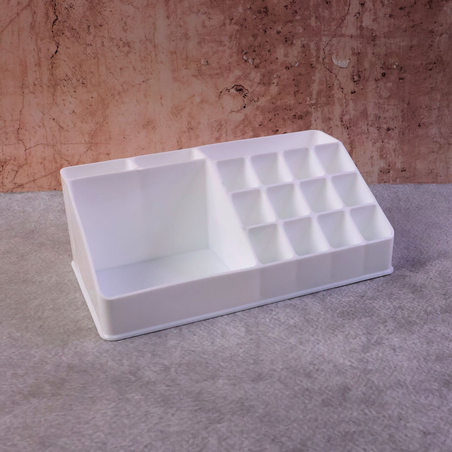 Makeup organiser storage box on vanity table