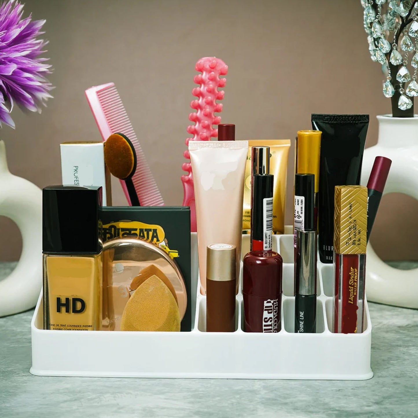 Makeup organiser holding lipsticks and cosmetics