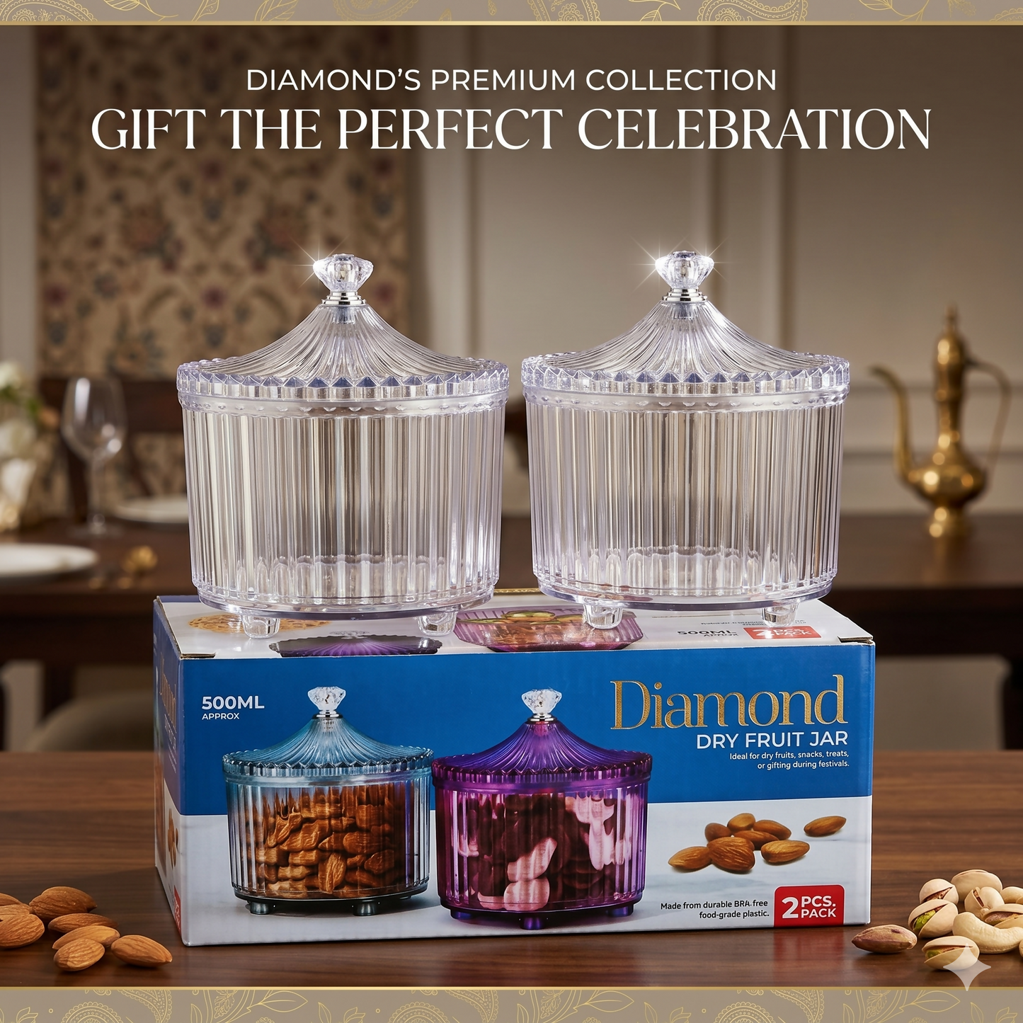 Diamond crystal cut dry fruit jar set showing airtight lids and clarity