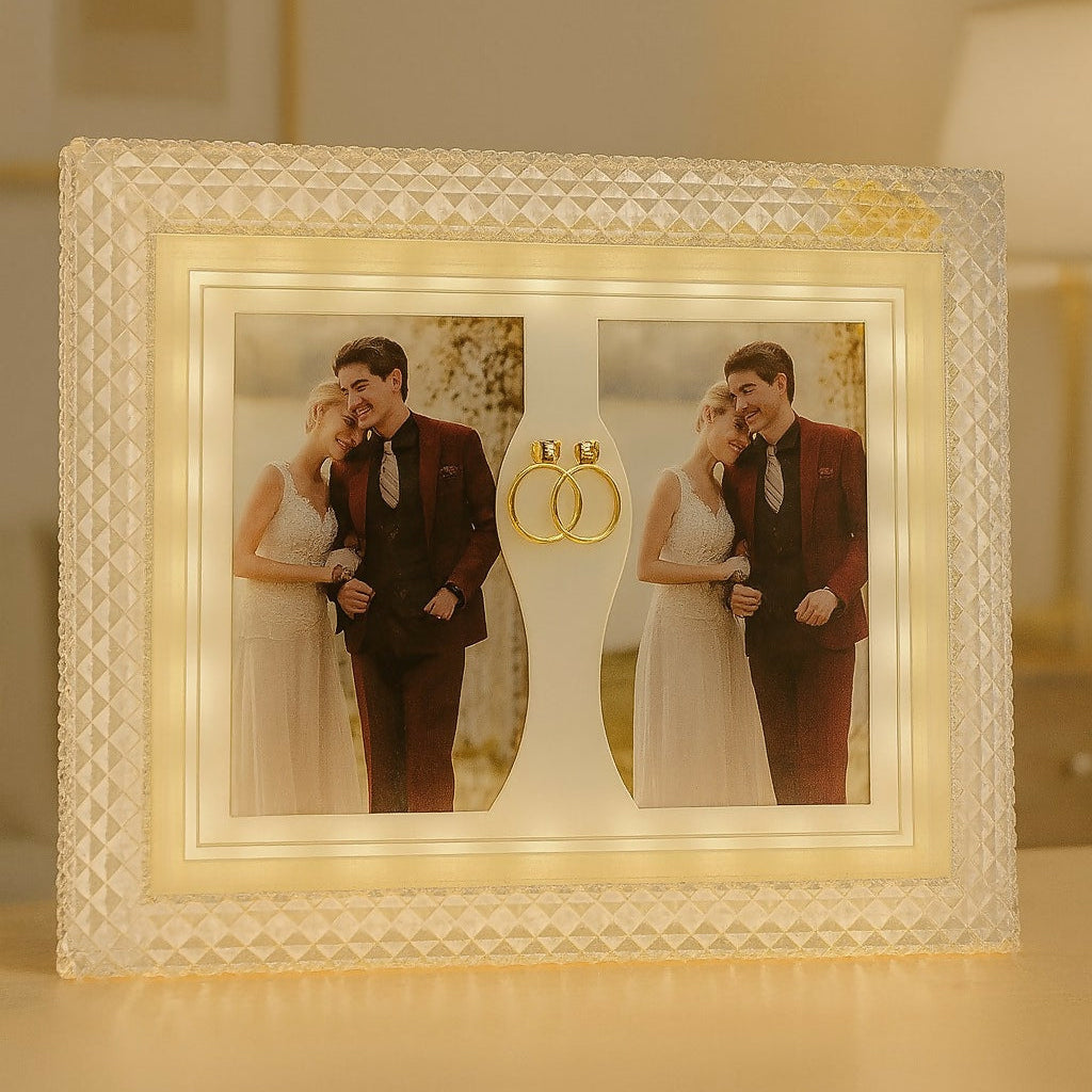 Luxury double LED wedding photo frame with crystal border and golden rings front view