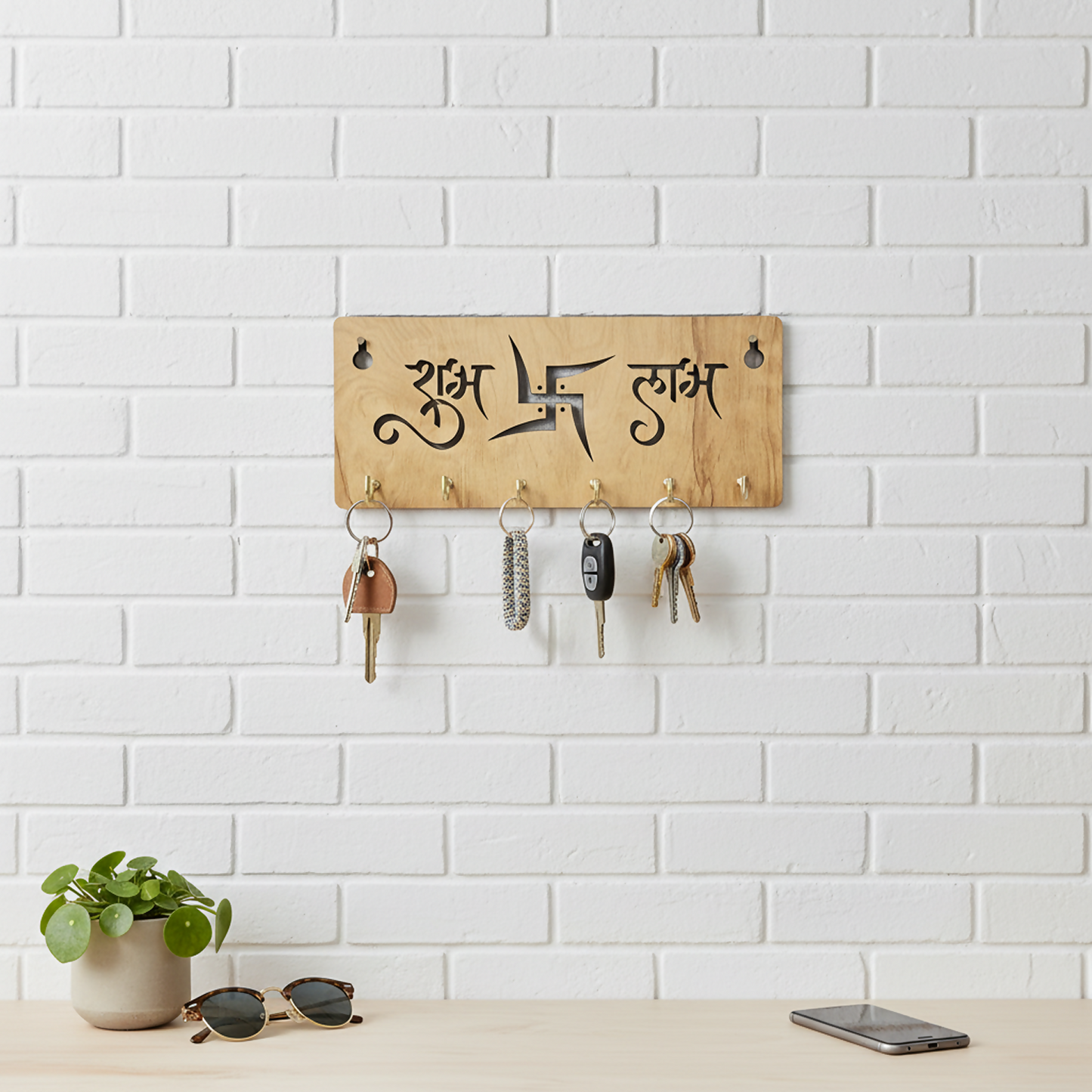 Shubh Labh Wooden Key Holder for Wall| Vastu Swastik Design Key Stand | Decorative Key Hanger for Home Entrance & Office
