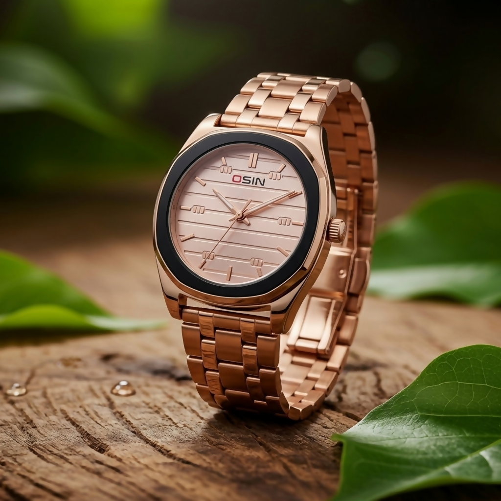 Close-up of men's rose gold wrist watch showcasing minimalist dial and stainless steel bracelet