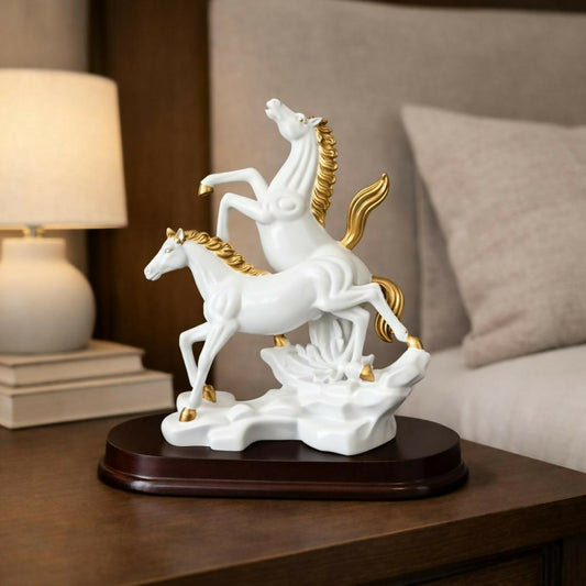 Elegant double horse decorative showpiece white and gold finish