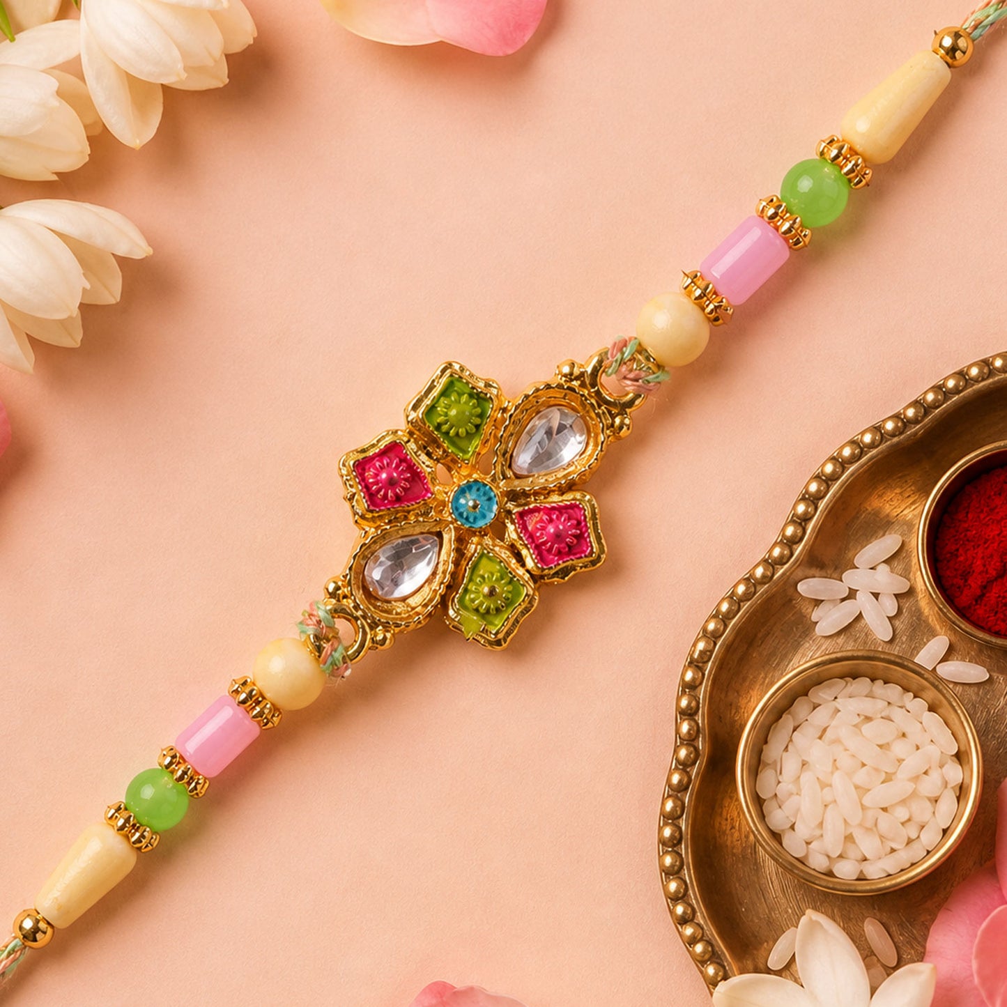 Floral Cross Kundan Pendant Rakhi with Multicolor Beads