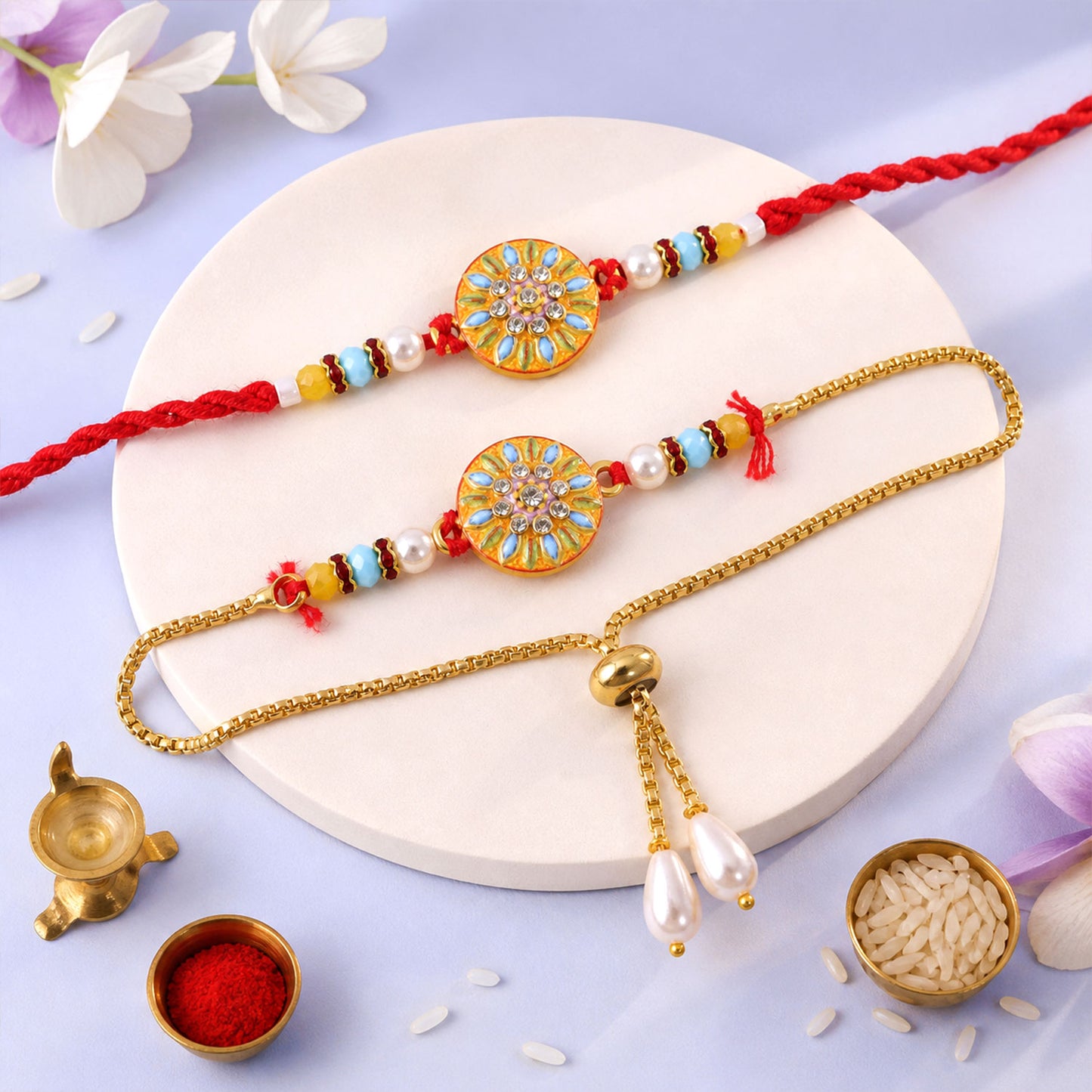 Mandala Floral Beaded Bhai Bhabhi Lumba Rakhi with Pearl Drops