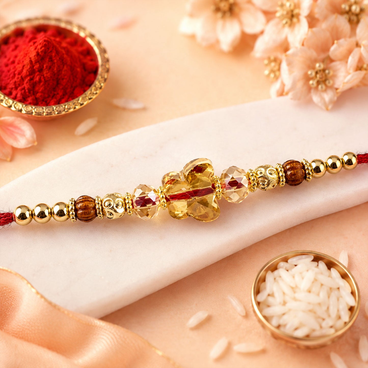 Crystal Flower Cluster Rakhi with Faceted Stones, Golden Accents and Red Thread