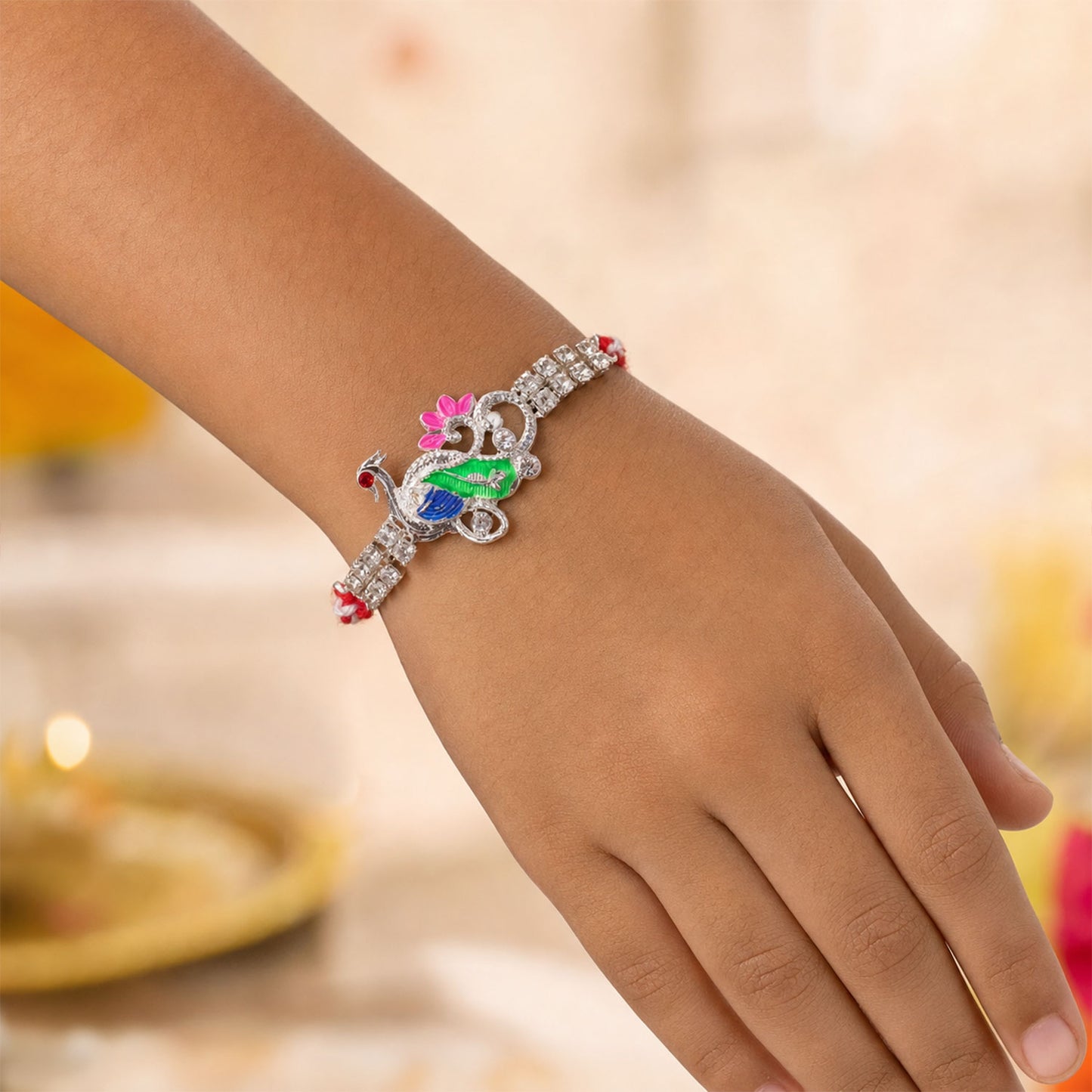 Classic Rakhi with Peacock Swirl Charm, crystal sparkle and thread look for Gifting
