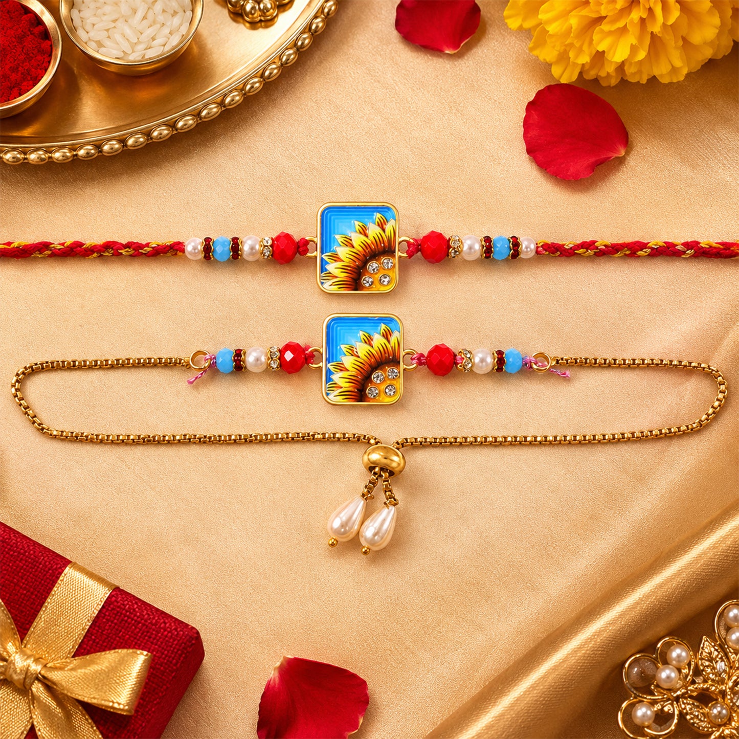 Sunflower Printed Rectangle Crystal Pearl Beads Bhai Bhabhi Rakhi Lumba Set