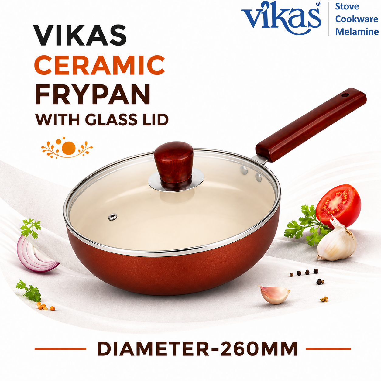 Vikas Ceramic Frypan with Glass Lid and Wooden Handle front view