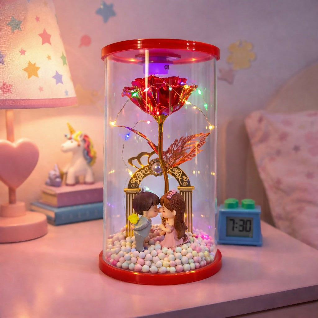 LED Rose Dome with Couple Figurine Romantic Decorative Showpiece