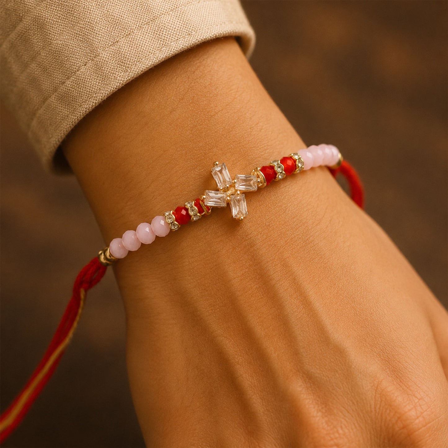 Crystal Cross Star Rakhi with Soft Pink Beads, Roli Chawal Coin and Elegant Gift Packing