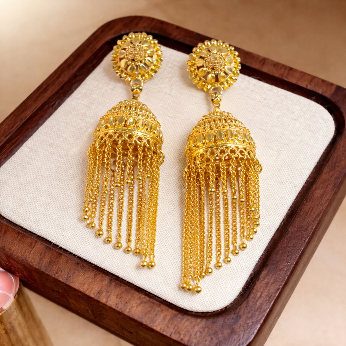 Traditional Gold Tone Jhumka Earrings with Red Bead Tassel Design For Woman And Girl