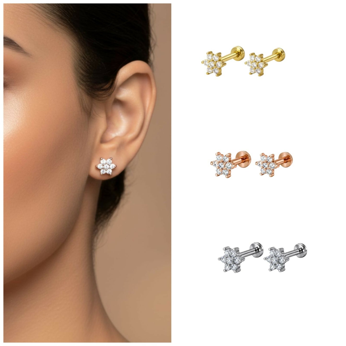 Gold plated flower-shaped flat back stud earrings with cubic zirconia crystals