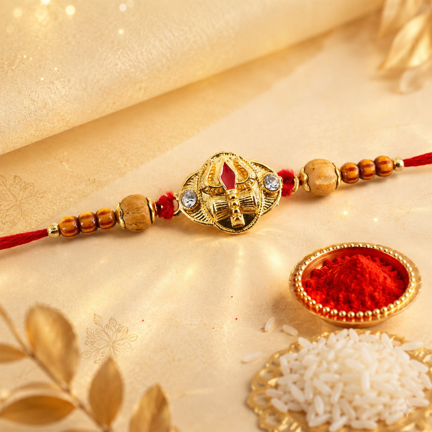 Tilak Trishul Golden Devotional Rakhi with Wooden Beads and Traditional Red Thread