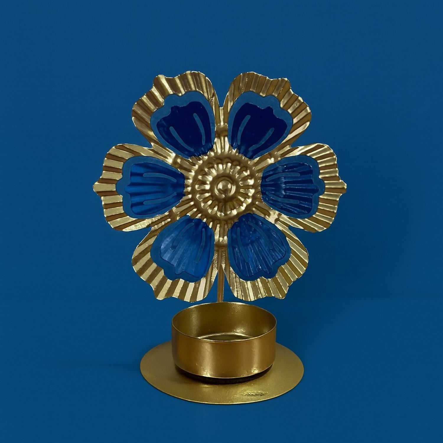 Luxury Golden Metal Flower Tealight Candle Holder with Blue Petal Design – Decorative Tabletop Flower Shape T-Light Stand for Home Décor, Living Room, Festive Decoration, Pooja & Gifting