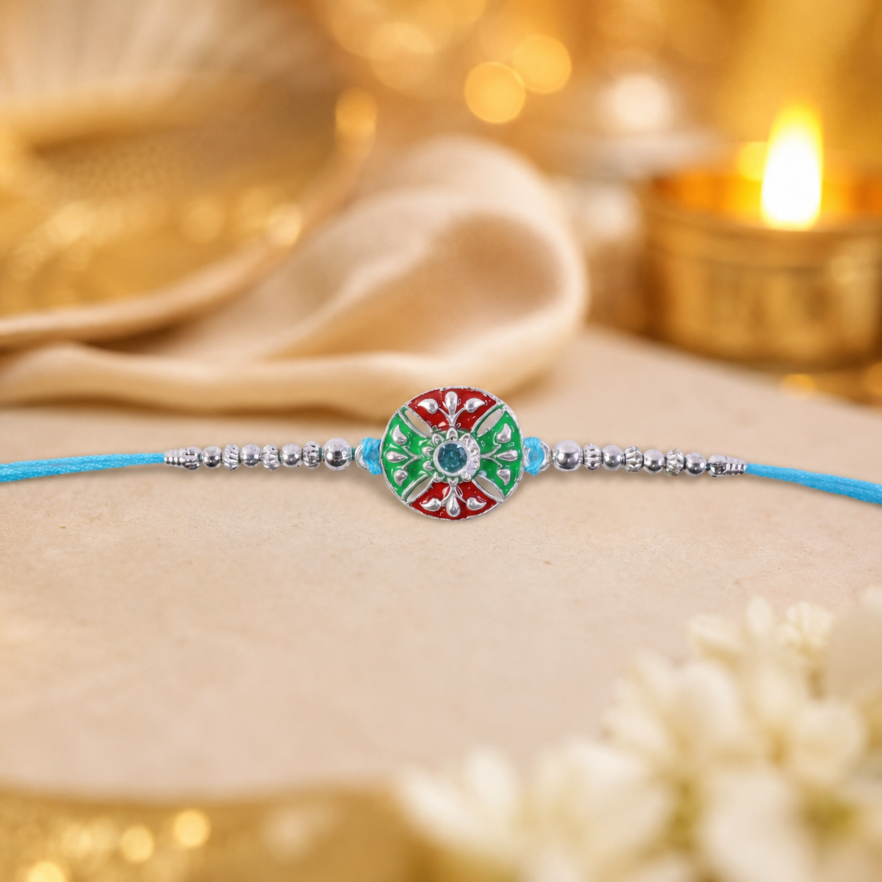 Blue Thread Rakhi with Multicolor Center and Fine Silver Chain