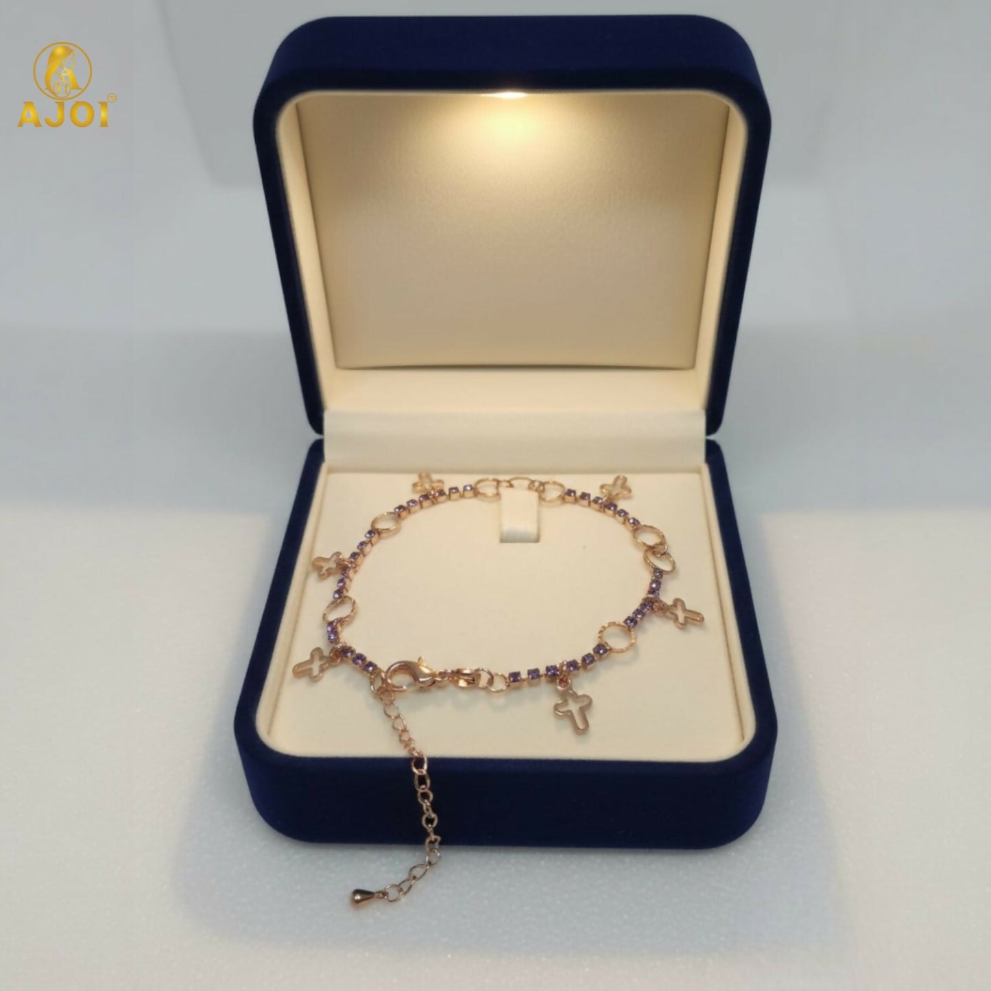 Elegant rose gold crystal charm bracelet pairing with casual outfit