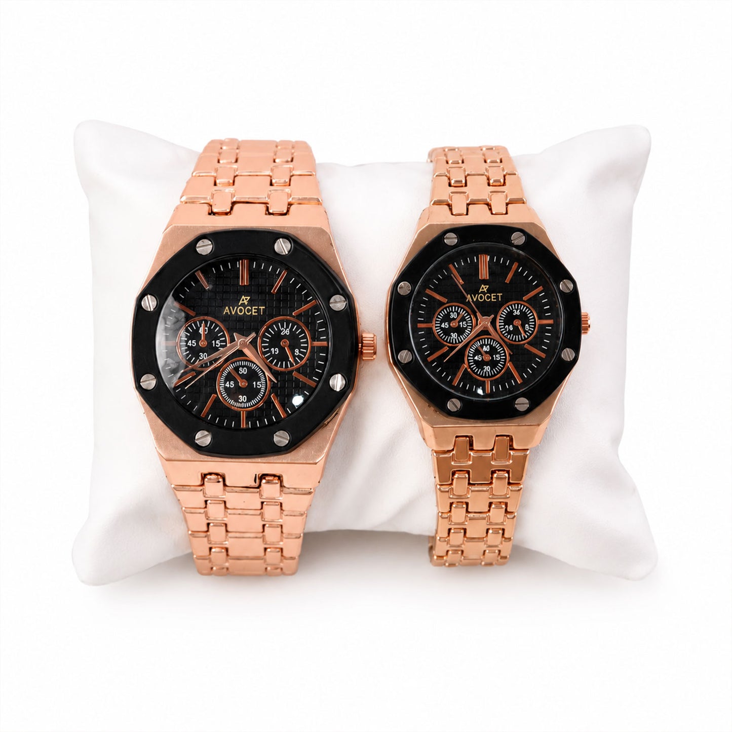 Rose Gold Couple Watch Set with Black Dial Chronograph Style Metal Strap