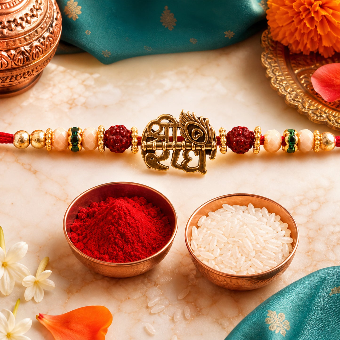 Red Thread Rakhi with Antique Gold Radhe Pendant and Peacock Feather