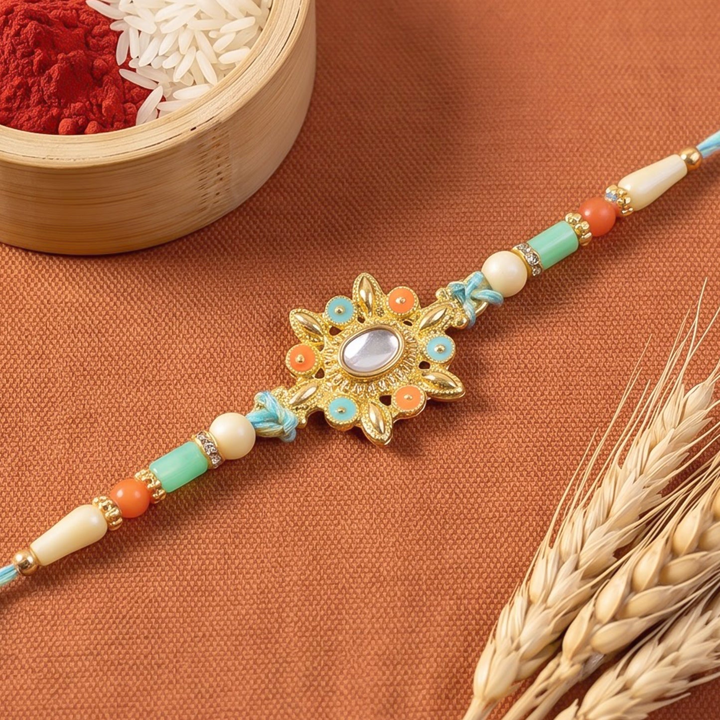 Sunflower Kundan Mirror Pendant Rakhi with Pastel Beads