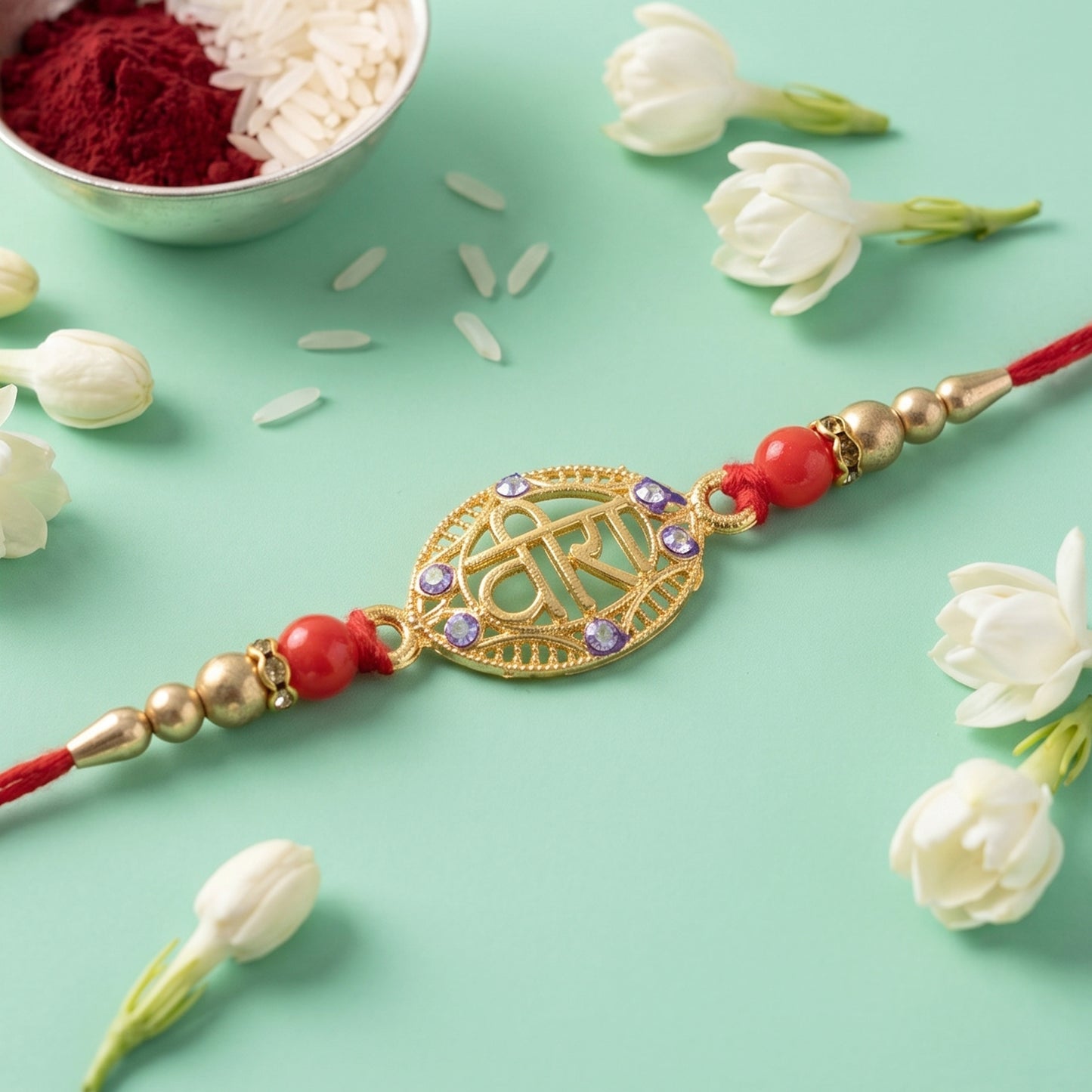 Golden Veera Rakhi for Boys with Red Beads and Thread