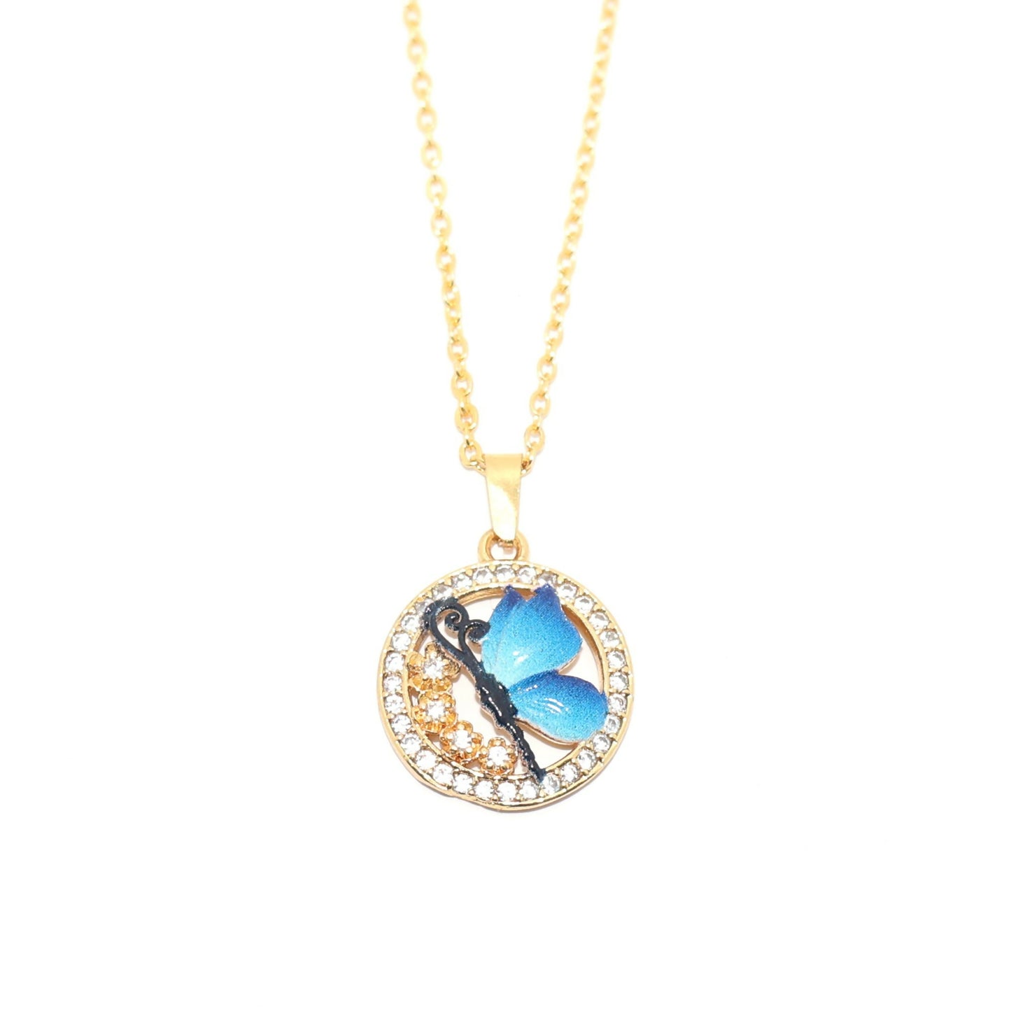 Gold Plated Blue Enamel Butterfly Circle Pendant Necklace For women and girls