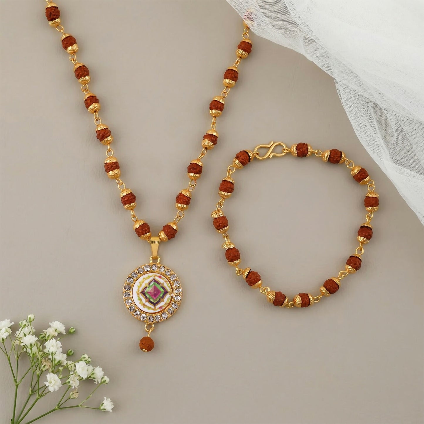 Rudraksha Gold Necklace & Bracelet Set with Designer Pendant