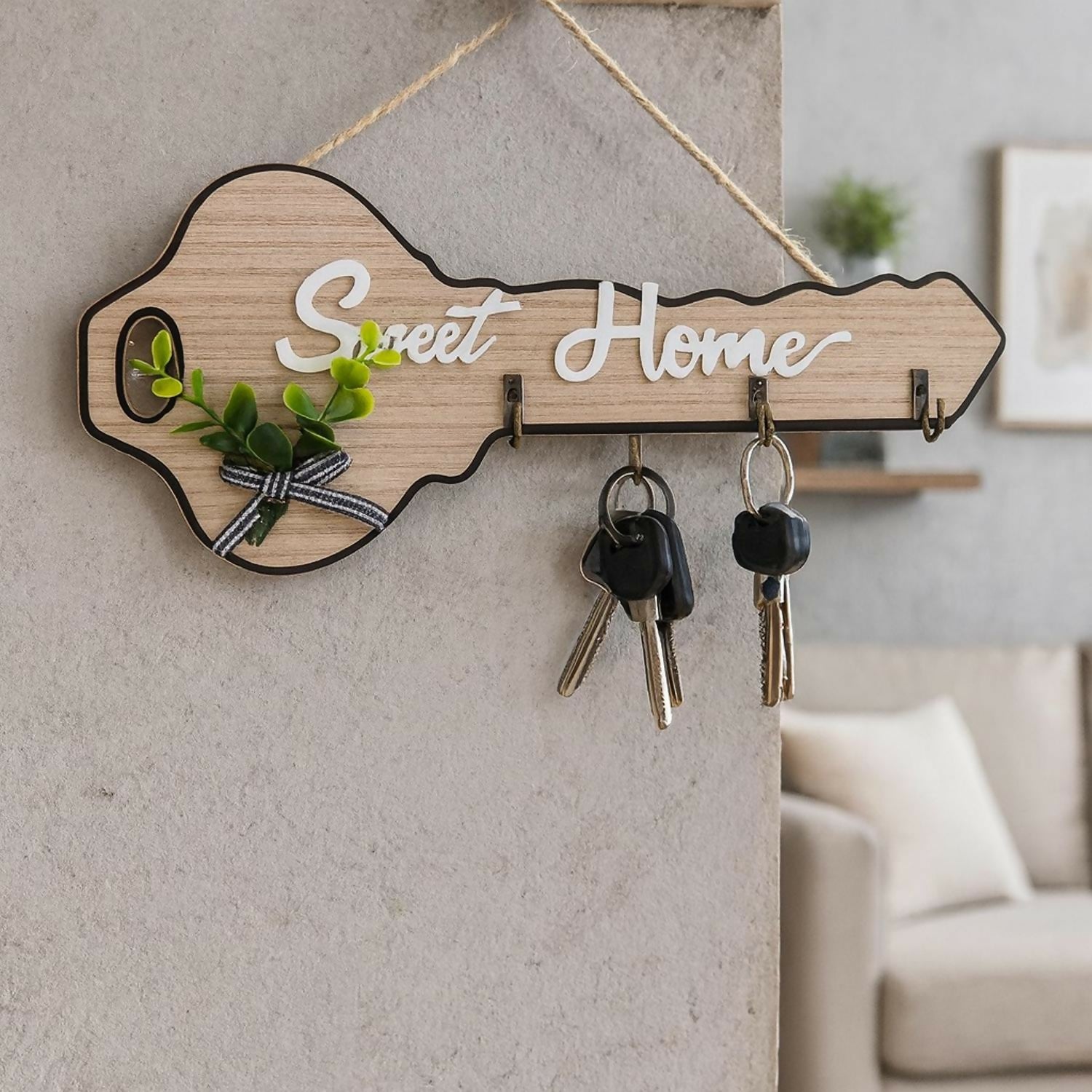 Wooden Key Holder for Wall – Sweet Home Design in Key Shape with Hooks | Decorative Wall Mounted Key Hanger with Faux Plant & Ribbon | Wooden Key Stand for Home, Entryway, Living Room & Office Décor
