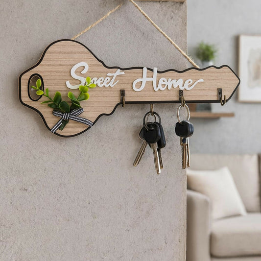 Wooden Key Holder for Wall – Sweet Home Design in Key Shape with Hooks | Decorative Wall Mounted Key Hanger with Faux Plant & Ribbon | Wooden Key Stand for Home, Entryway, Living Room & Office Décor