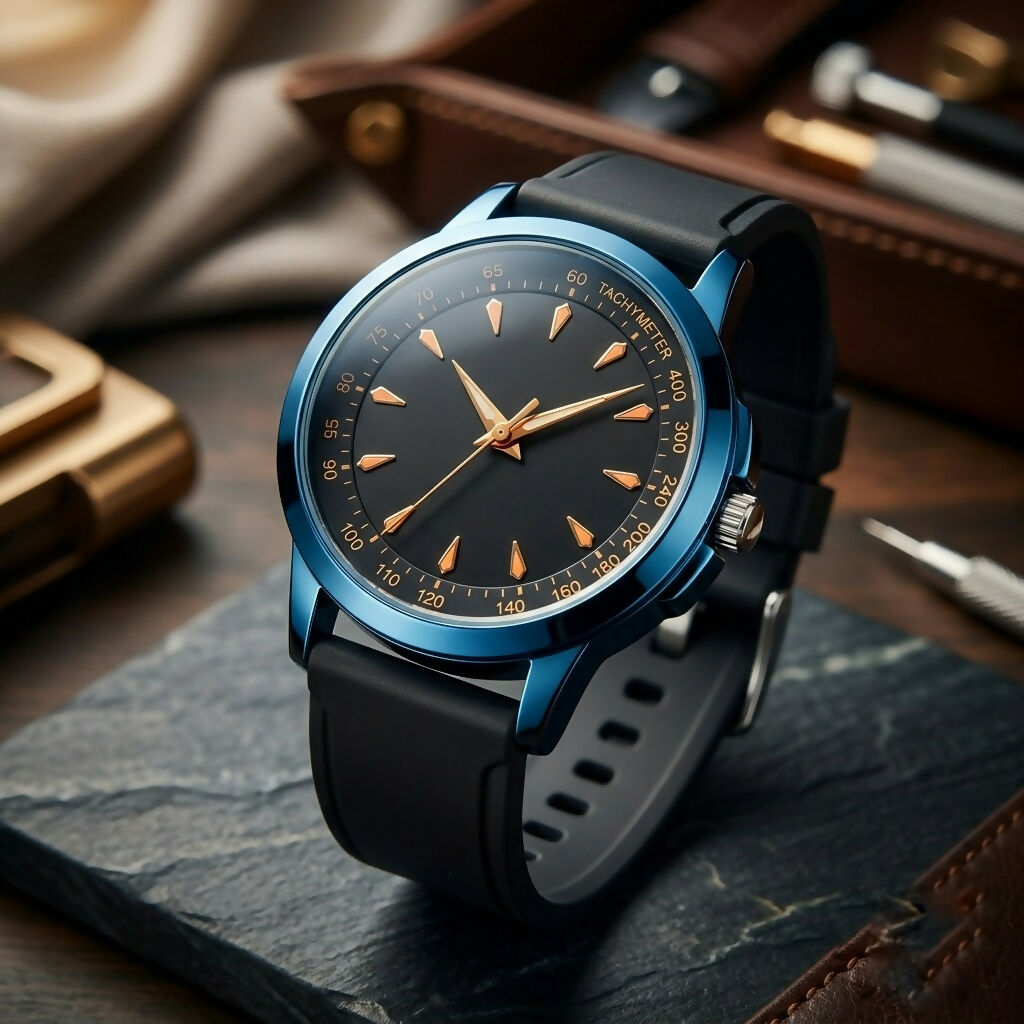 A blue watch with a black strap and gold hour markers sits on a dark stone slab, with tools in the background.